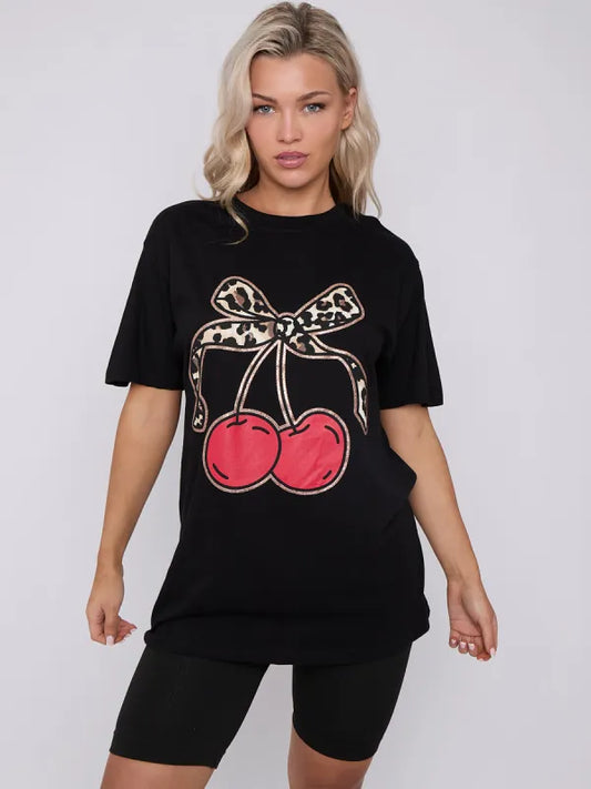 Black Bow Cherry Graphic Printed T-Shirt