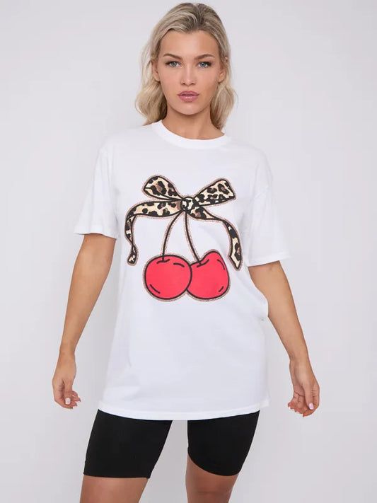 White Bow Cherry Graphic Printed T-Shirt