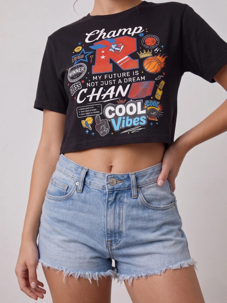 Black Cool Vibes Printed Cropped Tee