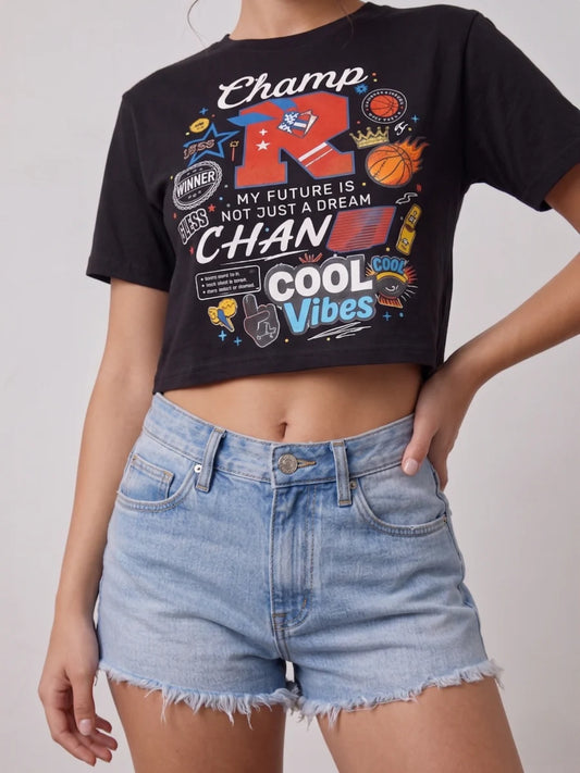 Black Cool Vibes Printed Cropped Tee