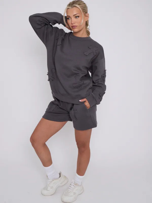 Black Crucifix Embroidered Sweatshirt & Shorts Fleece Co-ord