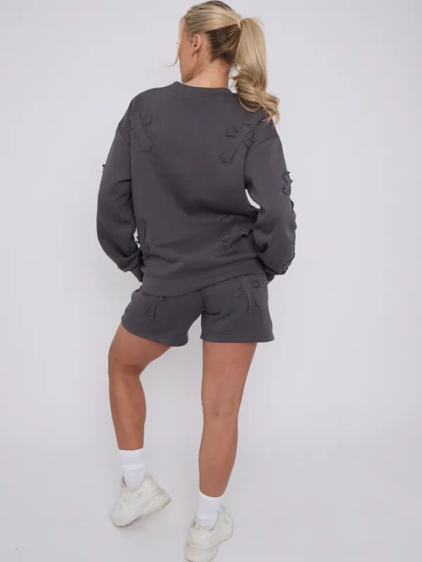 Light Grey Crucifix Embroidered Sweatshirt & Shorts Fleece Co-ord