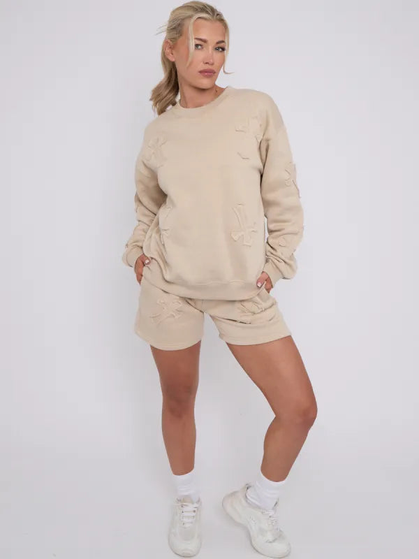 Light Grey Crucifix Embroidered Sweatshirt & Shorts Fleece Co-ord