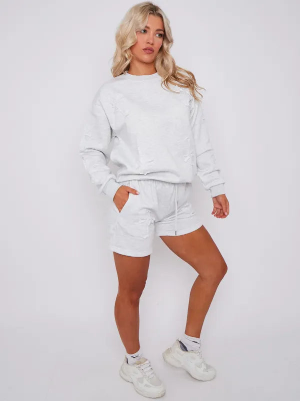 Slate Grey Crucifix Embroidered Sweatshirt & Shorts Fleece Co-ord