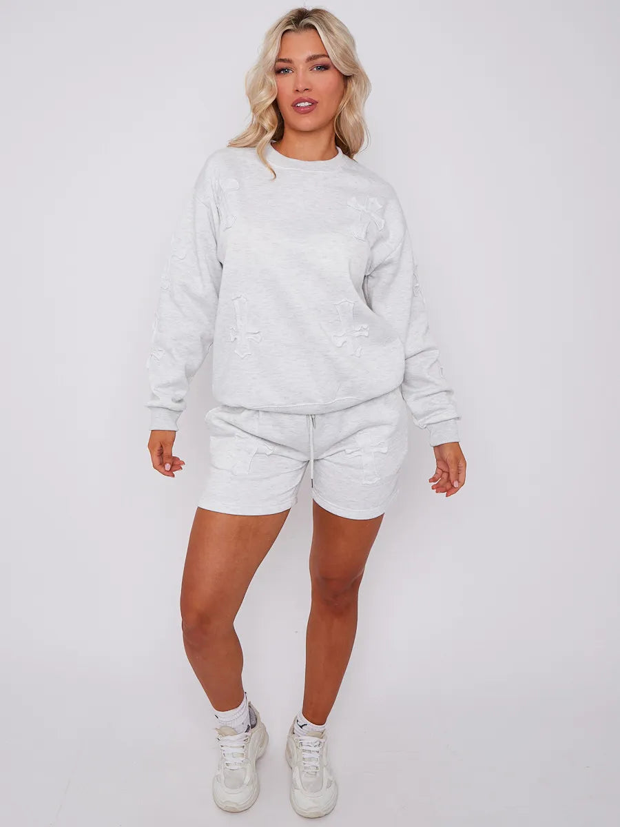 Stone Crucifix Embroidered Sweatshirt & Shorts Fleece Co-ord