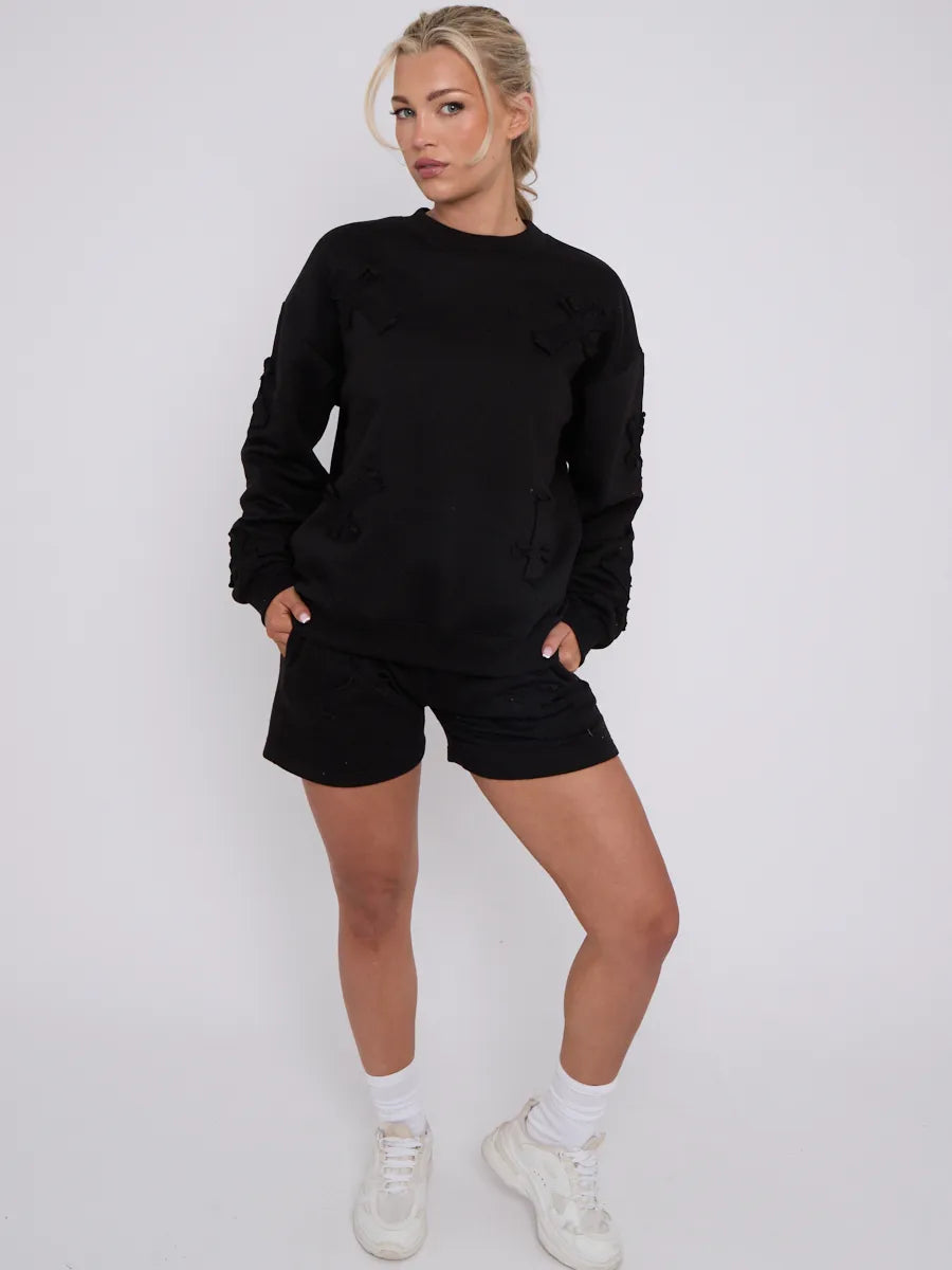 Black Crucifix Embroidered Sweatshirt & Shorts Fleece Co-ord