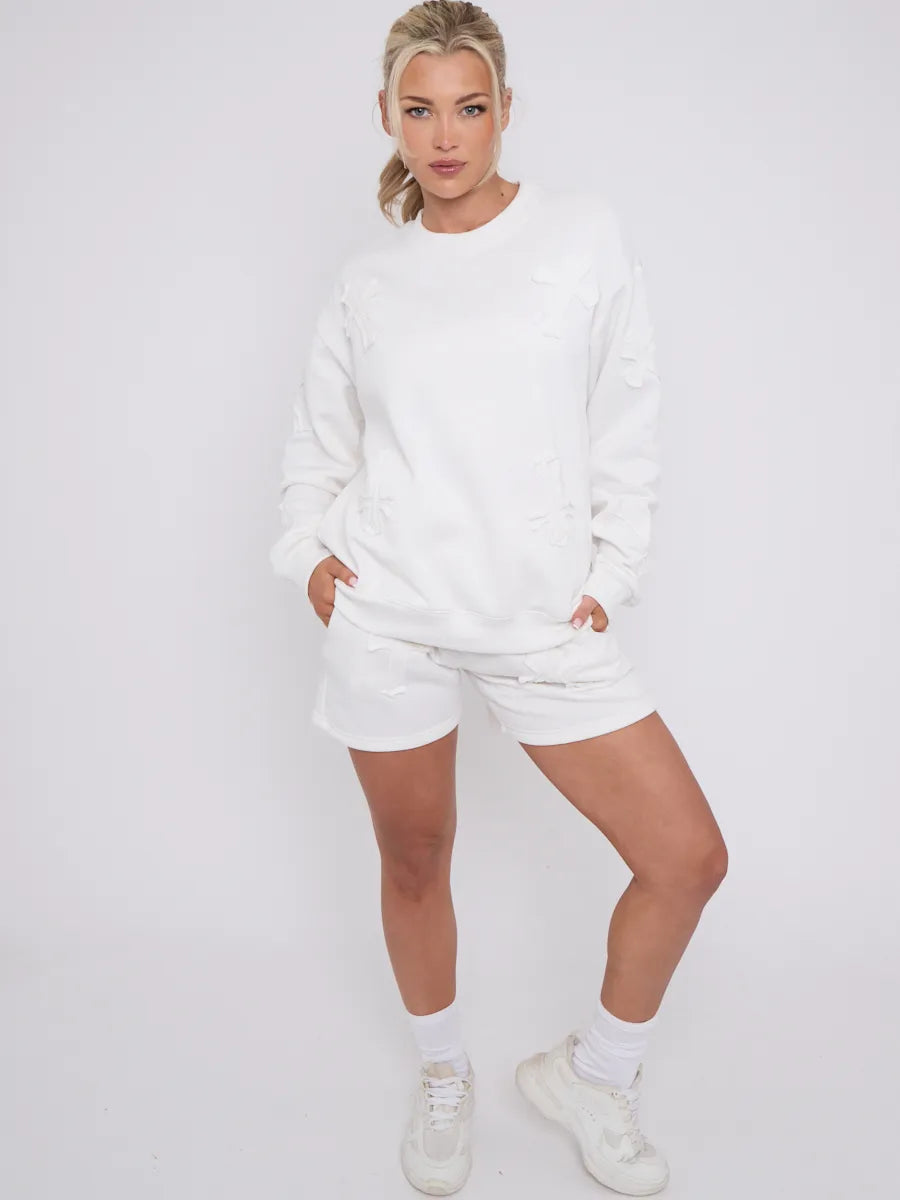 White Crucifix Embroidered Sweatshirt & Shorts Fleece Co-ord