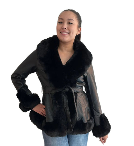 Black Faux Leather Jacket With Fur Trim And Belt