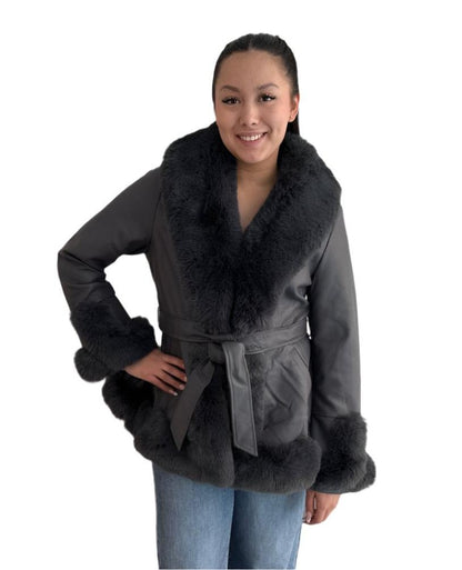 Charcoal Faux Leather Jacket With Fur Trim And Belt