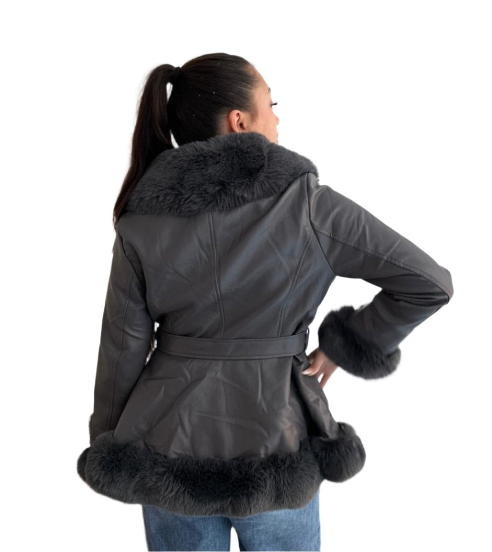 Charcoal Faux Leather Jacket With Fur Trim And Belt