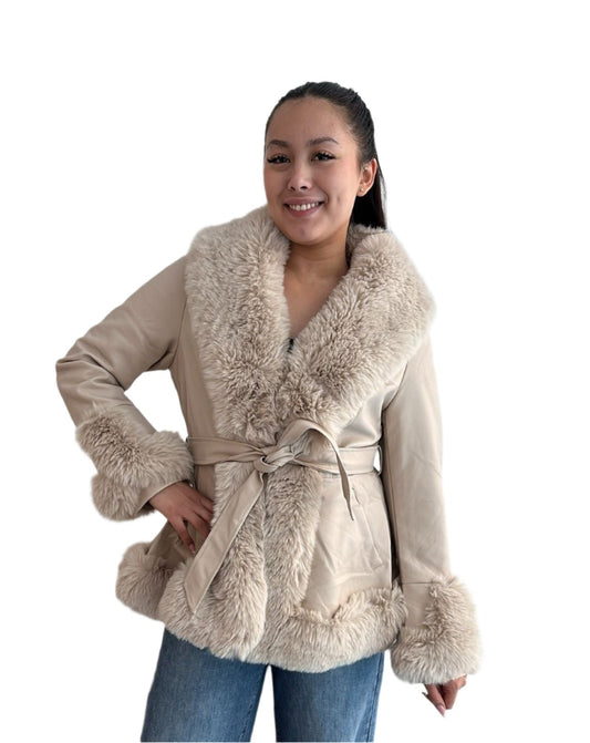 Mocha Faux Leather Jacket With Fur Trim And Belt