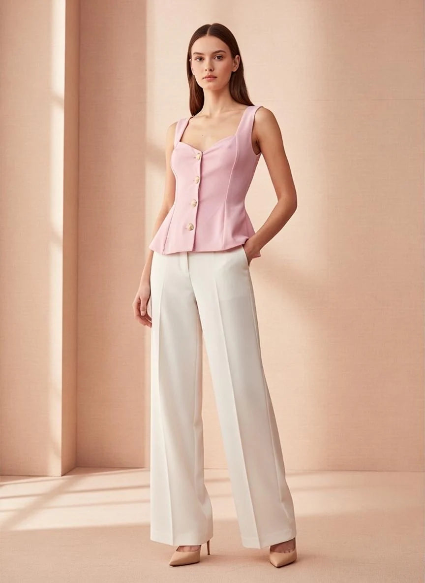 White Structured Peplum Button Top