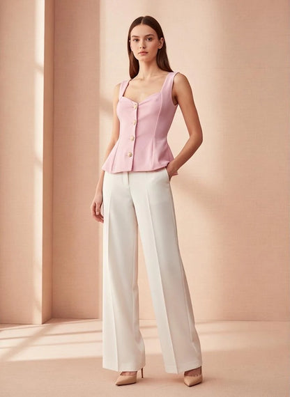 White Structured Peplum Button Top