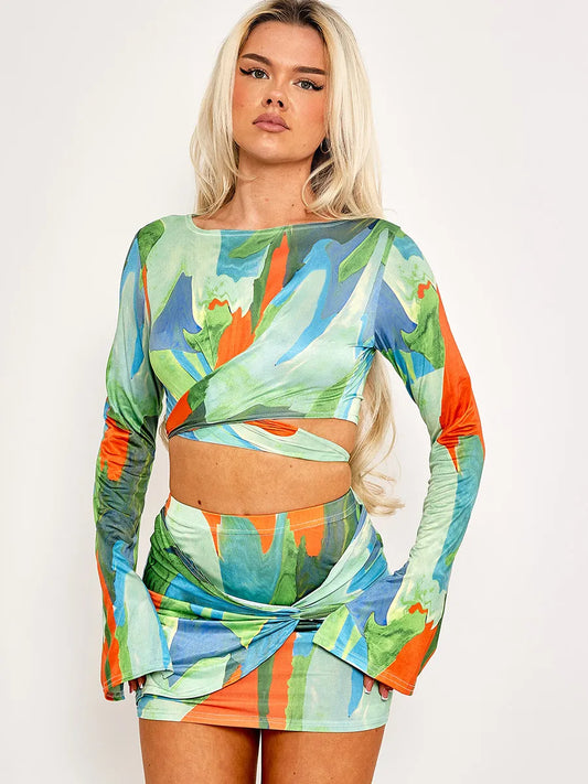 Green Printed Wrap Around Slinky Crop Top & Twisted Skirt Co-ord