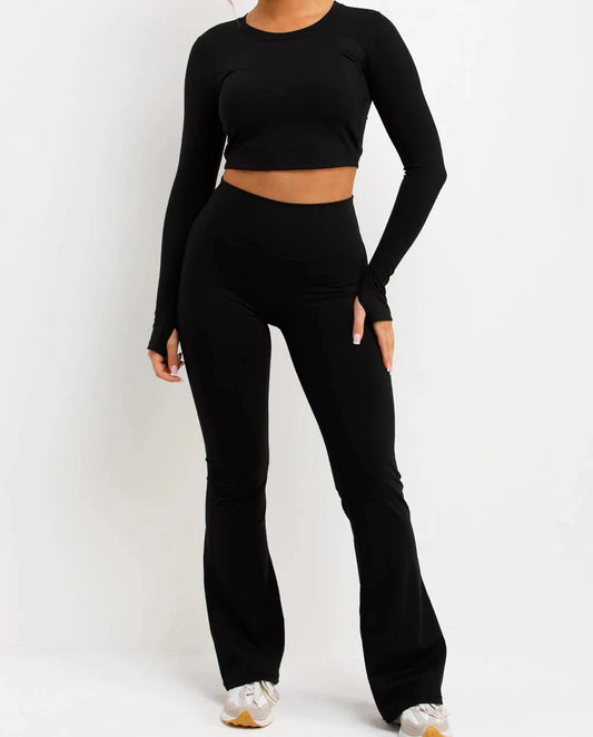 Black Flare Trouser And Tie Back Top Co Ord