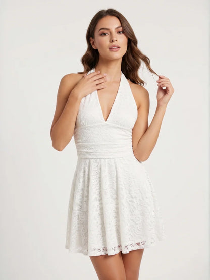 Blue Halter Neck Lace Mini Dress