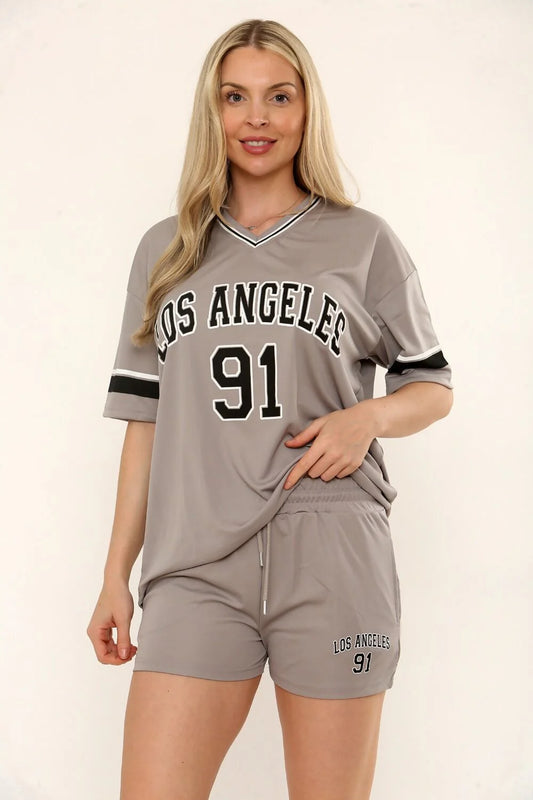 Grey Oversized LA Varsity T-shirt & Shorts Co-ord