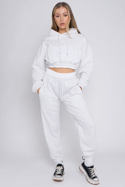 Beige Fleece Cropped Hoodie and Joggers Co-Ord With White Rib Trim Detail