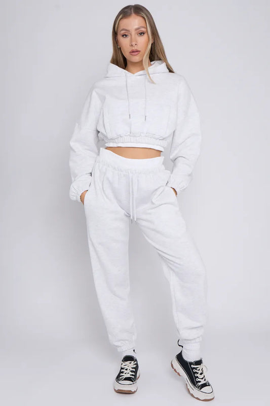 Light Grey Fleece Cropped Hoodie and Joggers Co-Ord With White Rib Trim Detail