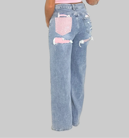 Straight Leg Jeans with Pink Diamante Studded Pocket