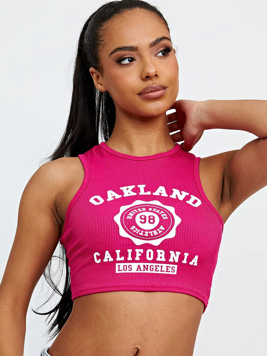 Fuchsia Oakland Graphic Ribbed Vest Crop Top
