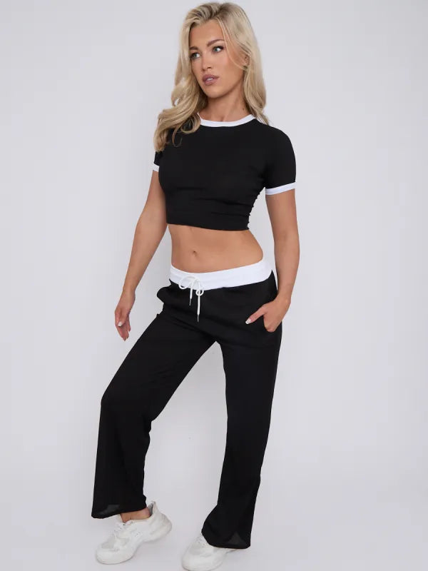 Stone Contrast Trim Ribbed Crop Top & Wide Leg Trouser Co-ord