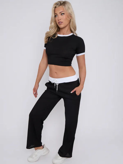 Black Contrast Trim Ribbed Crop Top & Wide Leg Trouser Co-ord