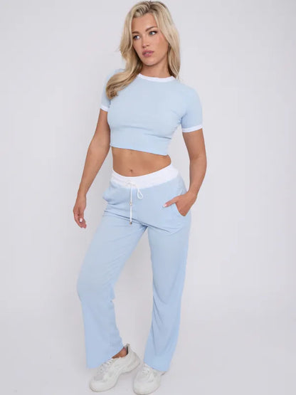 Stone Contrast Trim Ribbed Crop Top & Wide Leg Trouser Co-ord