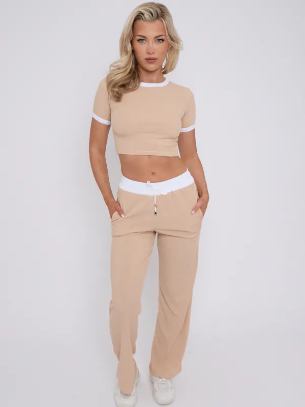 Grey Contrast Trim Ribbed Crop Top & Wide Leg Trouser Co-ord