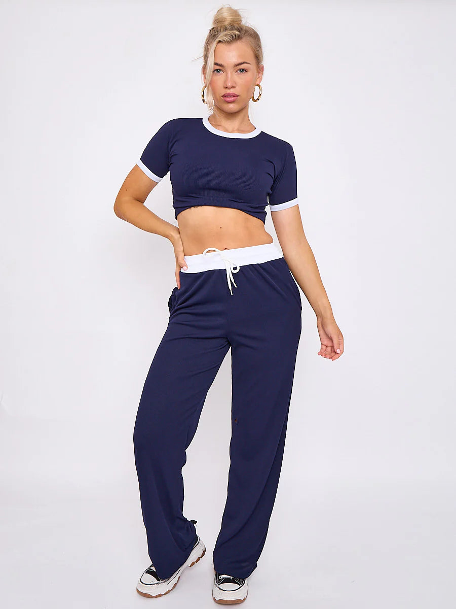 Stone Contrast Trim Ribbed Crop Top & Wide Leg Trouser Co-ord