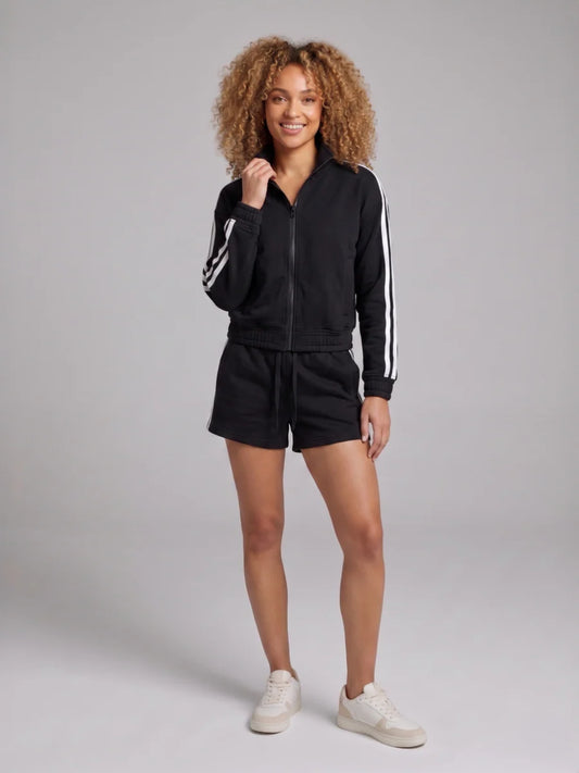 Black Stripe Detail Top & Shorts Fleece Co-ord