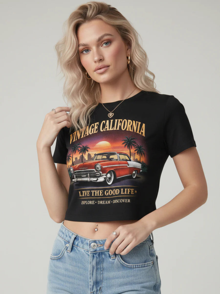 White Vintage California Graphic Printed Cropped Tee