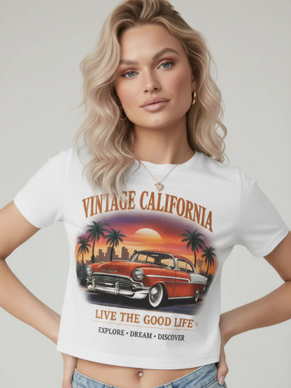 White Vintage California Graphic Printed Cropped Tee
