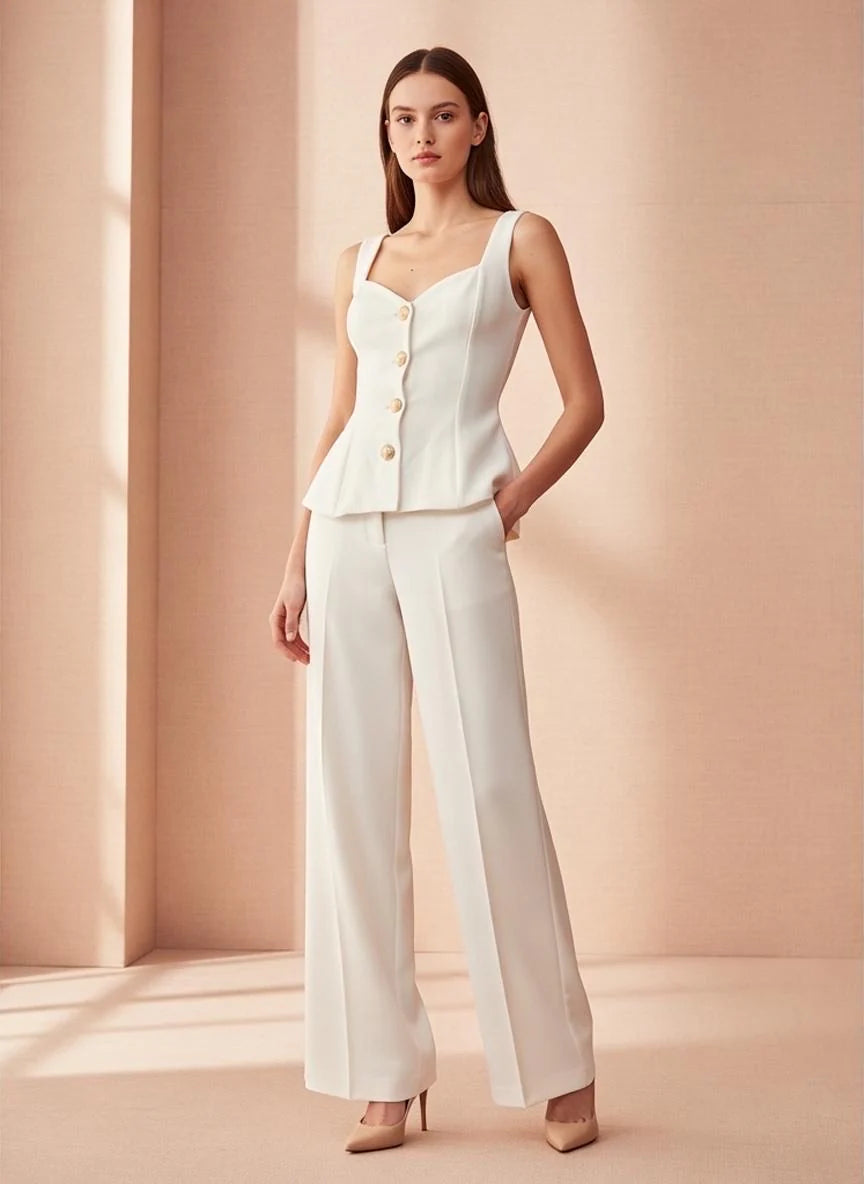 White Structured Peplum Button Top