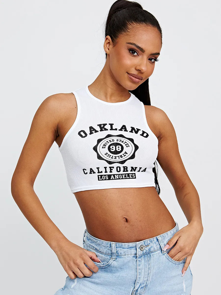 White Oakland Graphic Ribbed Vest Crop Top