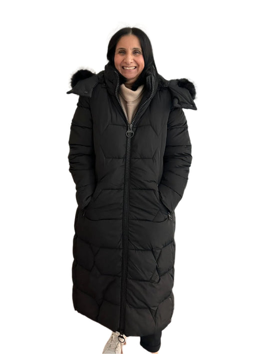 Black Maxi Puffer Jacket With Fur Hood & Black Zip Detail