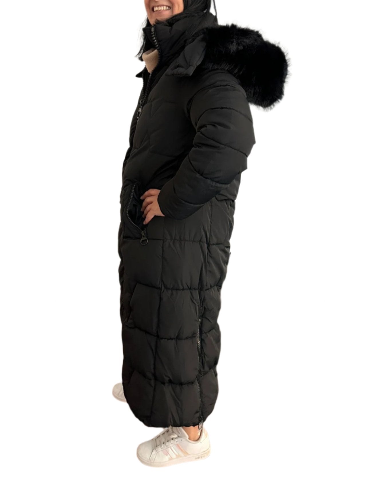 Black Maxi Puffer Jacket With Fur Hood & Black Zip Detail