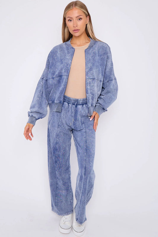 Blue Acid Wash Oversized Bomber Style Fleece Zipper Co-ord