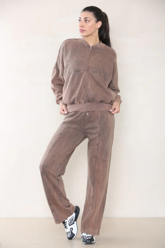 Brown Acid Wash Oversized Bomber Style Fleece Zipper Co-ord