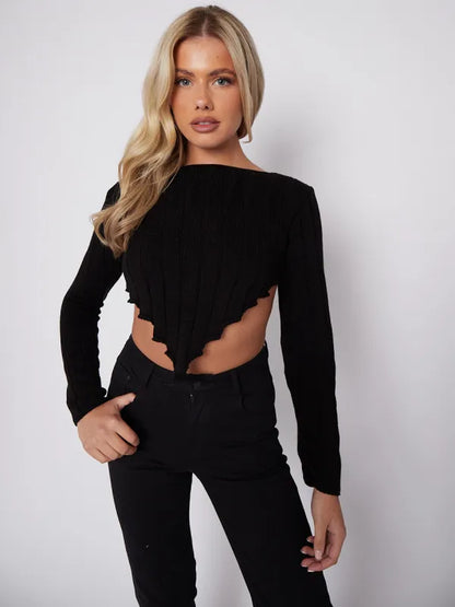 White Long Sleeves Asymmetric Hem Ribbed Knitted Crop Top
