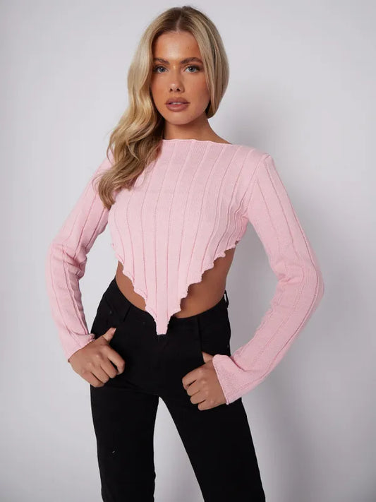 Pink Long Sleeves Asymmetric Hem Ribbed Knitted Crop Top