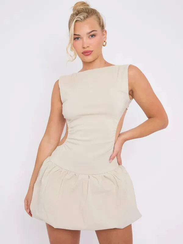 Beige Cut Out Detail Balloon Dress