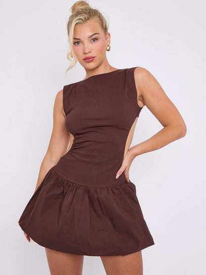 Beige Cut Out Detail Balloon Dress