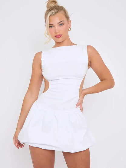 White Cut Out Detail Balloon Dress