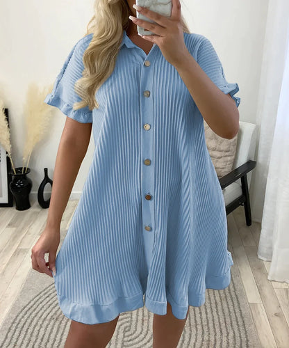 Baby Blue Gold Button Pleated Frill Swing Smock Mini Dress