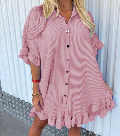 Baby Pink Gold Button Pleated Frill Swing Smock Mini Dress