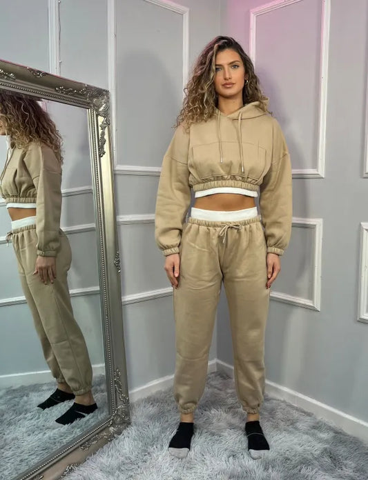 Beige Fleece Cropped Hoodie and Joggers Co-Ord With White Rib Trim Detail