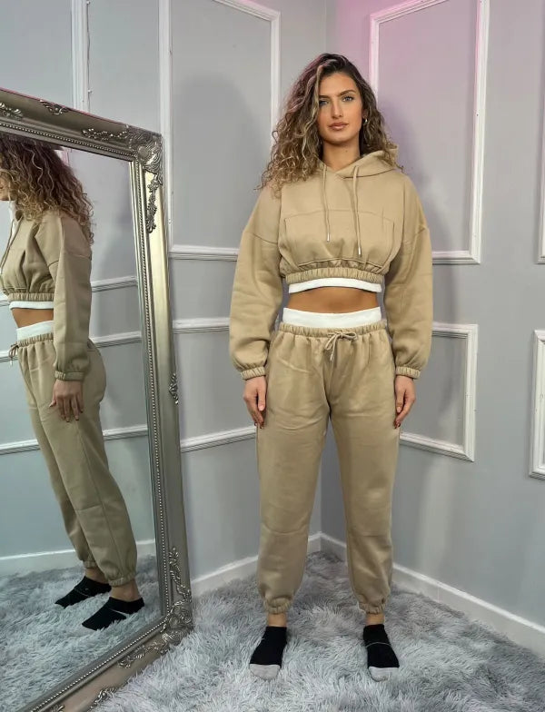 Light Grey Fleece Cropped Hoodie and Joggers Co-Ord With White Rib Trim Detail