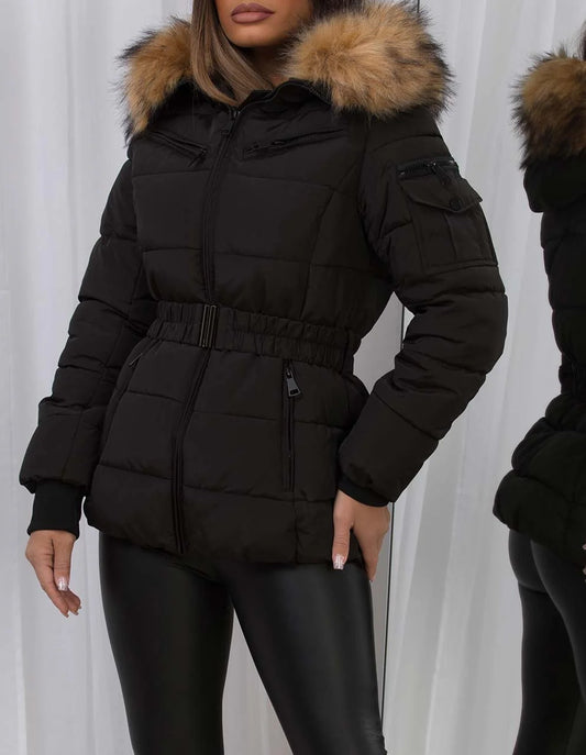 Belted Faux Fur Hooded Jacket