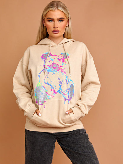 Pink Colour Drip Teddy Graphic Print Hoodie